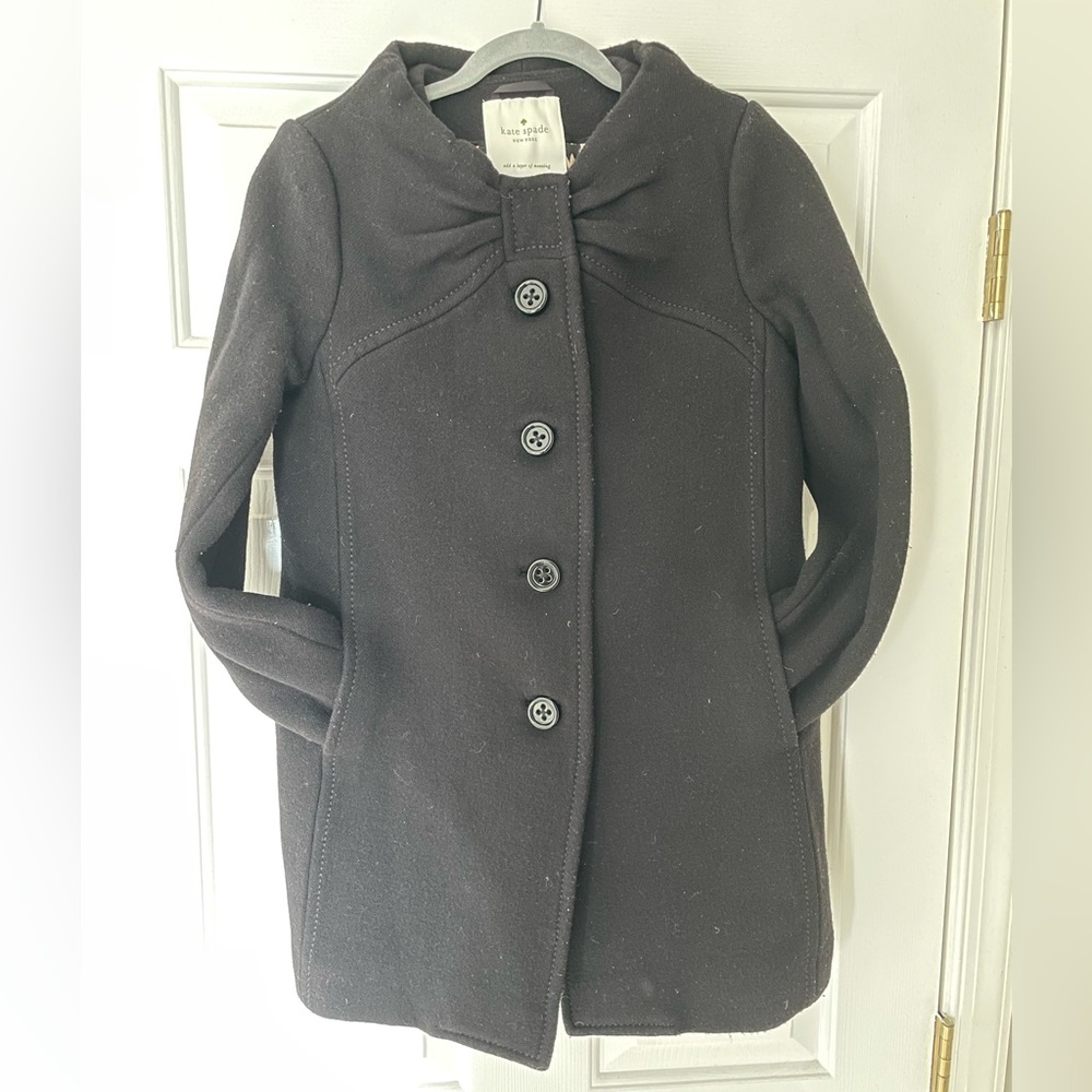 Kate Spade Black Button Down Black Wool Coat Animal Print Lining.